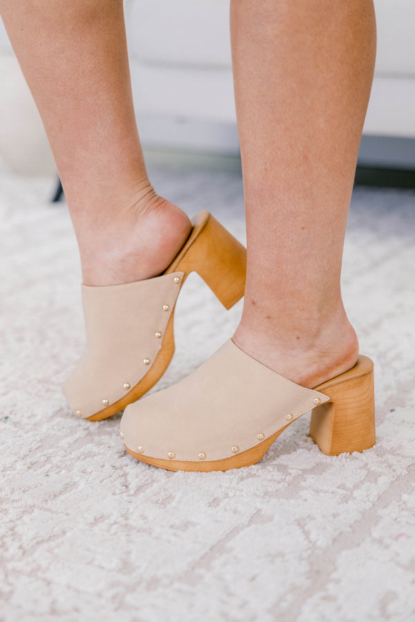 Chic Soul plus size clothing, light tan clogs with stud detailing and wooden soul and block heels 