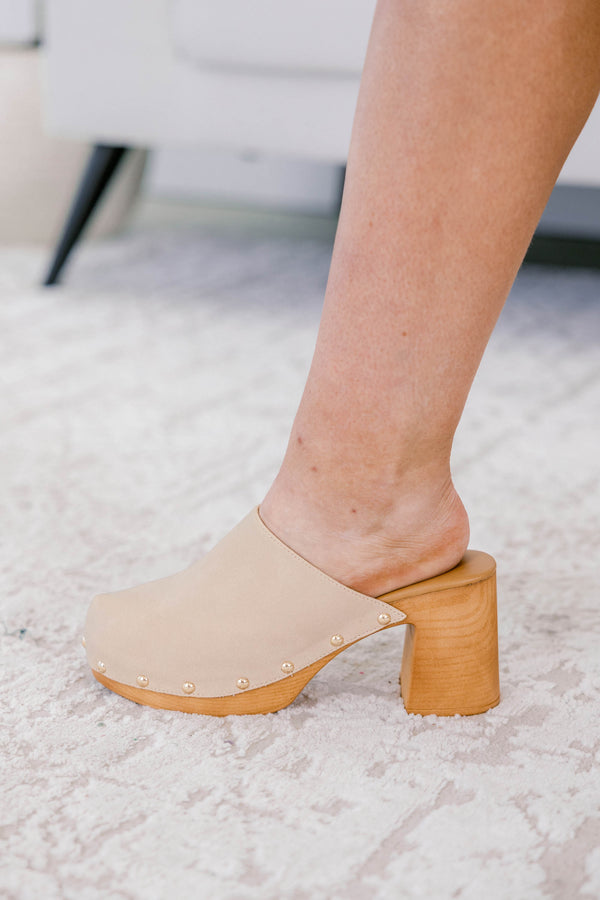 Chic Soul plus size clothing, light tan clogs with stud detailing and wooden soul and block heels 