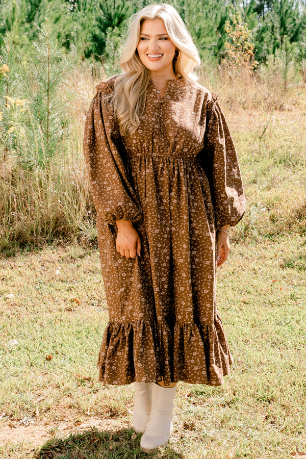 Chic Soul plus size clothing, brown long sleeve flowy maxi dress with small white floral print and cinched at the waist and ends of the sleeves and with a v-cutout on the neck