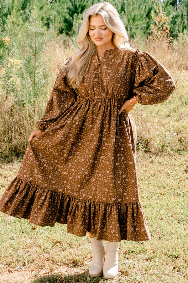 Chic Soul plus size clothing, brown long sleeve flowy maxi dress with small white floral print and cinched at the waist and ends of the sleeves and with a v-cutout on the neck