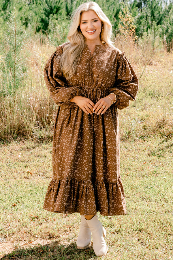 Chic Soul plus size clothing, brown long sleeve flowy maxi dress with small white floral print and cinched at the waist and ends of the sleeves and with a v-cutout on the neck