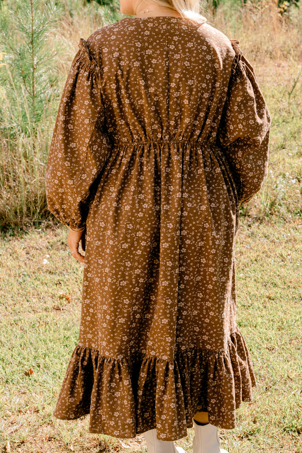Chic Soul plus size clothing, brown long sleeve flowy maxi dress with small white floral print and cinched at the waist and ends of the sleeves and with a v-cutout on the neck