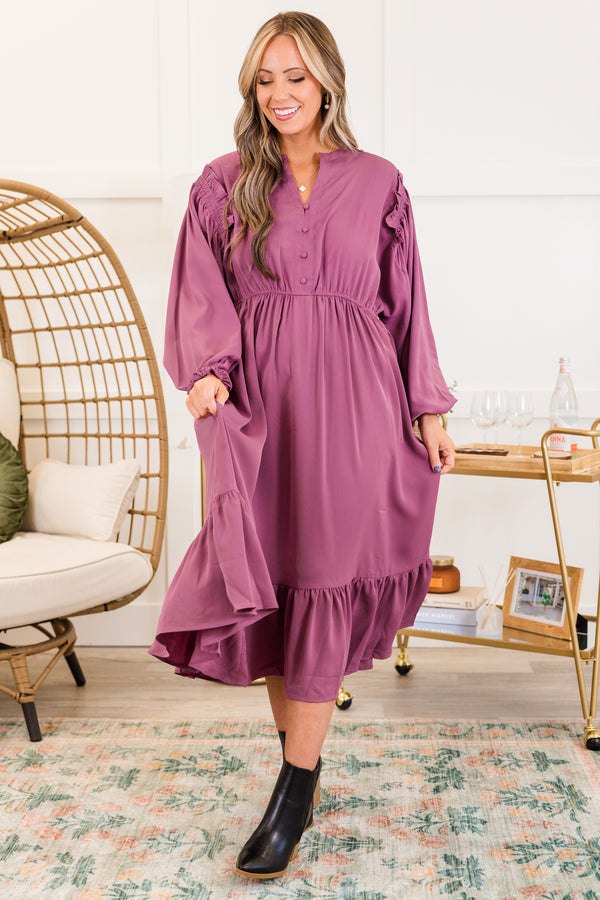 Chic Soul plus size clothing, long sleeve eggplant midi dress