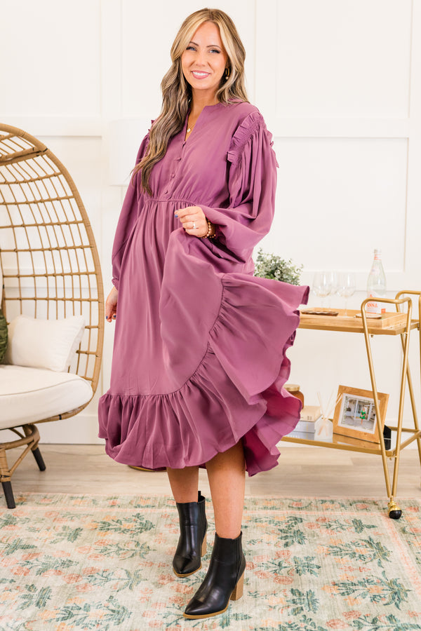 Chic Soul plus size clothing, long sleeve eggplant midi dress