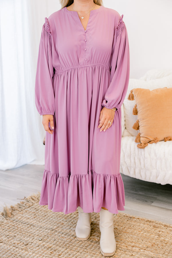 Chic Soul plus size clothing, light purple long sleeve flowy maxi dress with a cinched waist, ruffle hem, buttons down the chest and a slight v neckline