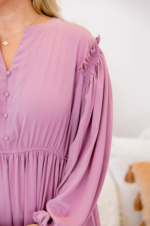 Chic Soul plus size clothing, light purple long sleeve flowy maxi dress with a cinched waist, ruffle hem, buttons down the chest and a slight v neckline