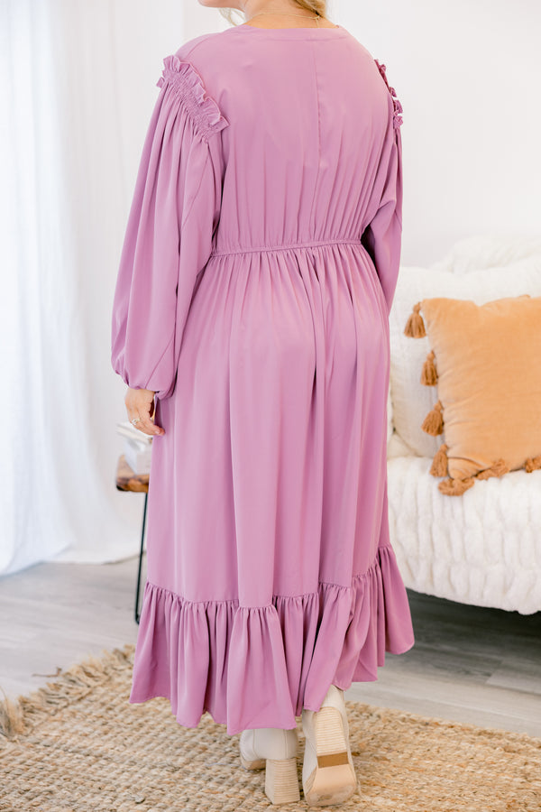 Chic Soul plus size clothing, light purple long sleeve flowy maxi dress with a cinched waist, ruffle hem, buttons down the chest and a slight v neckline