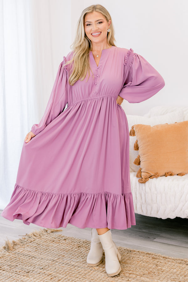 Chic Soul plus size clothing, light purple long sleeve flowy maxi dress with a cinched waist, ruffle hem, buttons down the chest and a slight v neckline