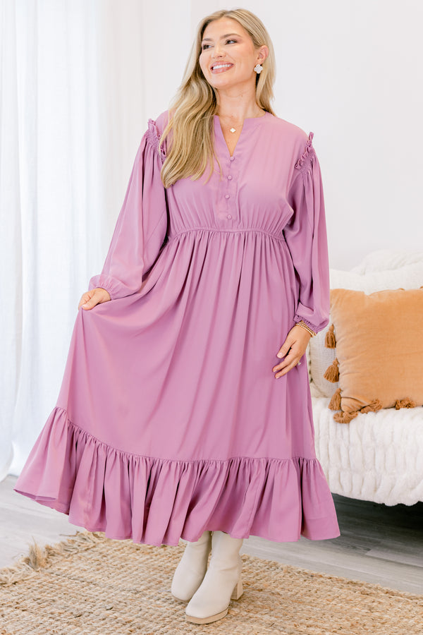 Chic Soul plus size clothing, light purple long sleeve flowy maxi dress with a cinched waist, ruffle hem, buttons down the chest and a slight v neckline