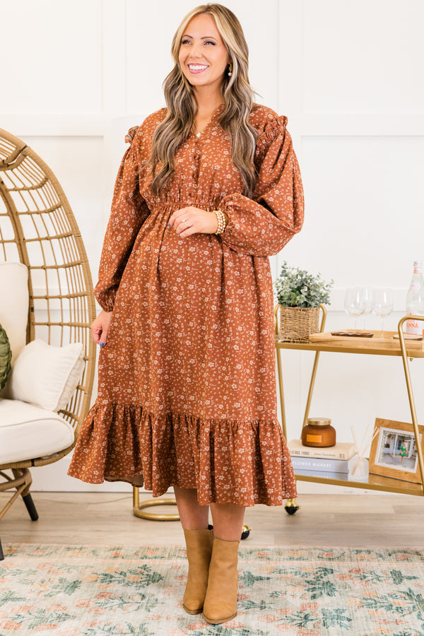 Chic Soul plus size clothing, long-sleeve rust orange floral midi dress with ruffled detailing and smocked waistline with v-neckline and  orange button details