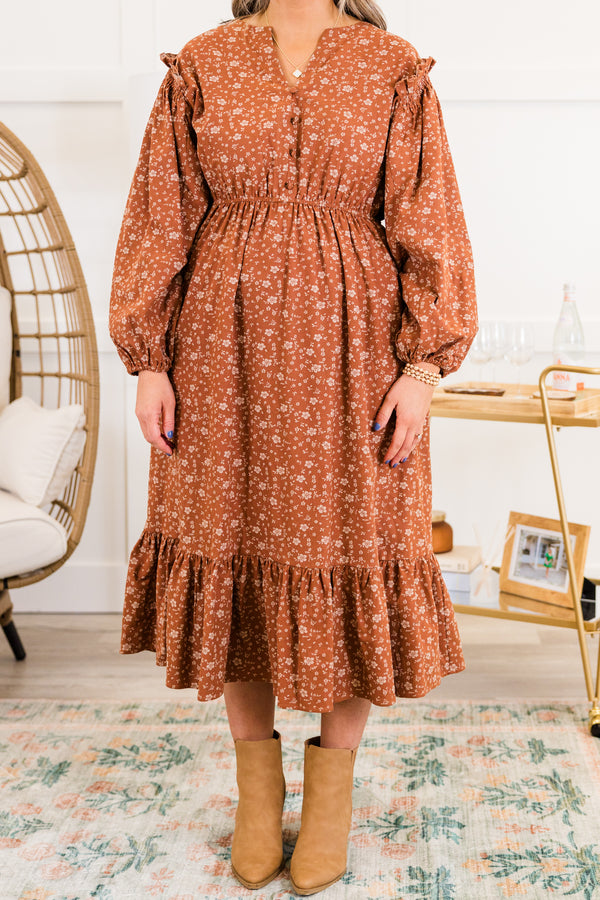 Chic Soul plus size clothing, long-sleeve rust orange floral midi dress with ruffled detailing and smocked waistline with v-neckline and  orange button details