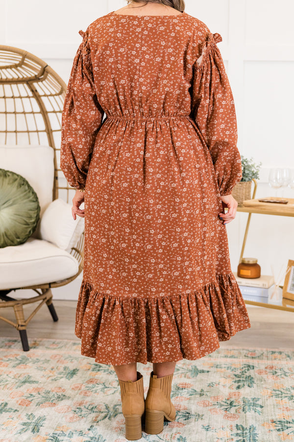 Chic Soul plus size clothing, long-sleeve rust orange floral midi dress with ruffled detailing and smocked waistline with v-neckline and  orange button details