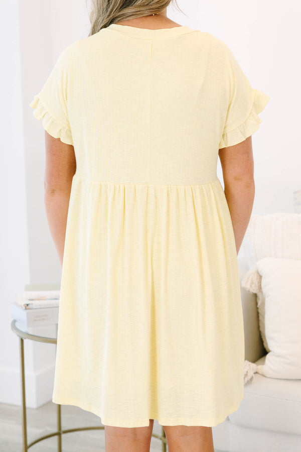 Plus Size yellow textured cotton dress with a V-neckline and ruffled short sleeves.