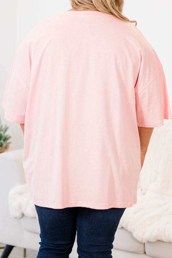 Chic Soul plus size clothing, short-sleeve dusty pink boyfriend tee with scoop-neckline and graphic watercolor christmas tree graphic with white and black polka dotted bow on the top of the tree