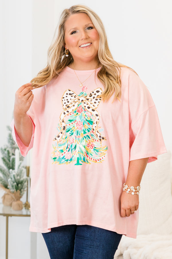 Chic Soul plus size clothing, short-sleeve dusty pink boyfriend tee with scoop-neckline and graphic watercolor christmas tree graphic with white and black polka dotted bow on the top of the tree