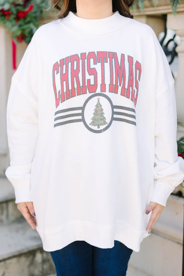 Plus size ivory mock neck pullover with a vintage red Christmas tree graphic.