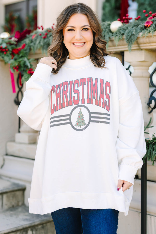 Plus size ivory mock neck pullover with a vintage red Christmas tree graphic.
