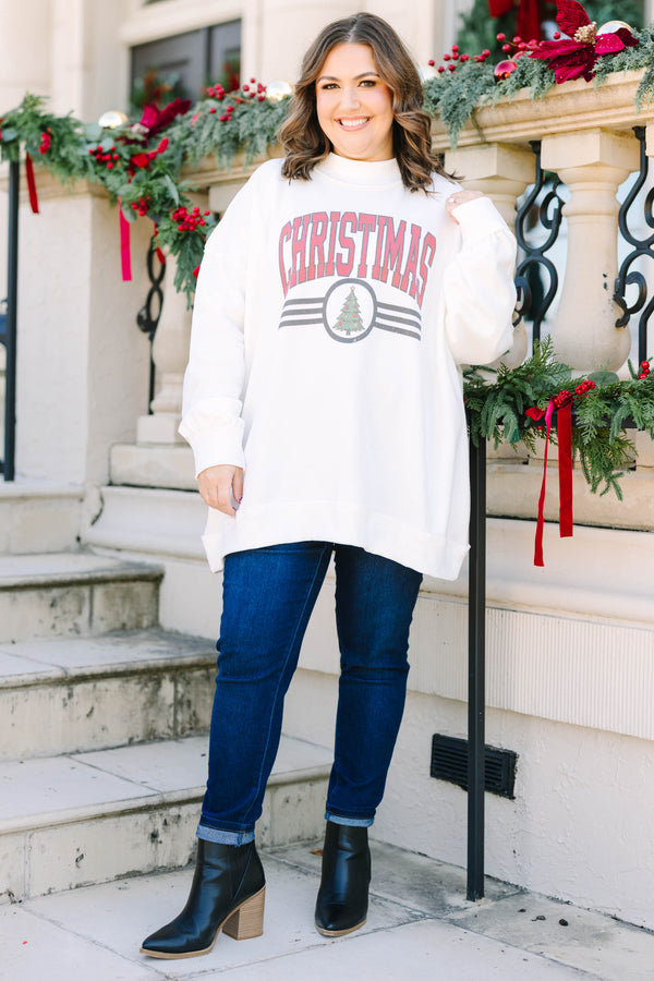 Plus size ivory mock neck pullover with a vintage red Christmas tree graphic.