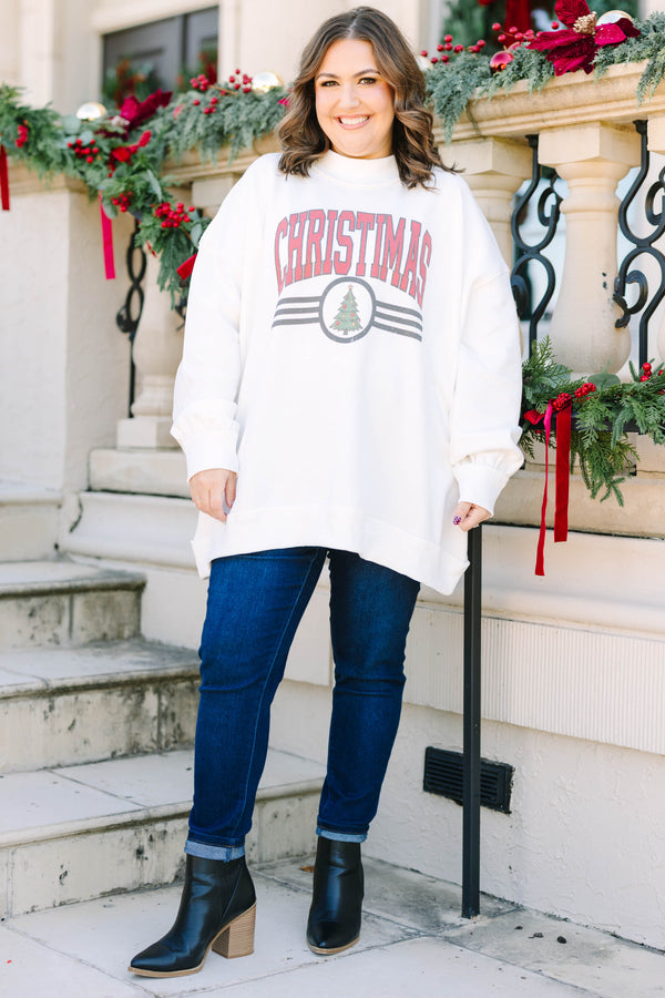 Plus size ivory mock neck pullover with a vintage red Christmas tree graphic.