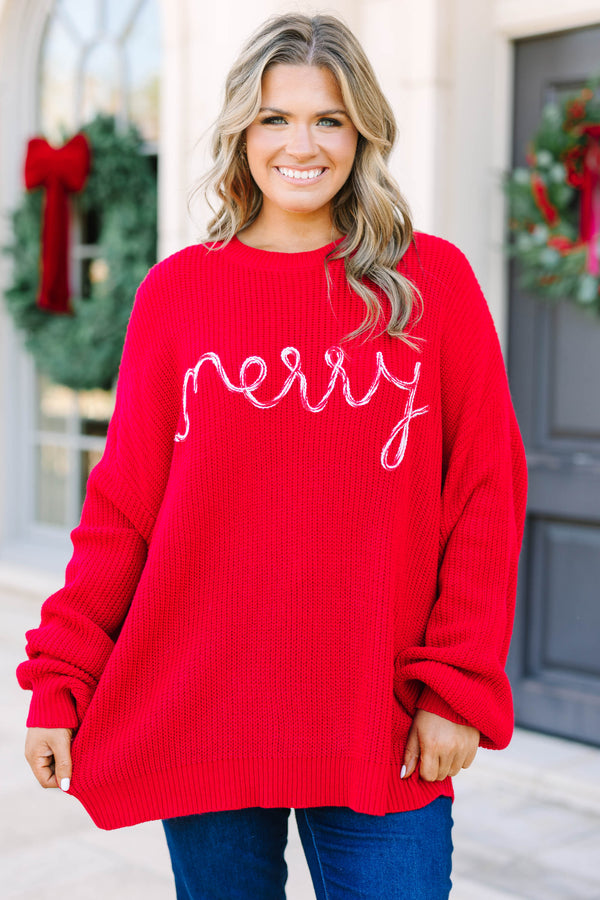 Plus size red oversized knit Merry Little Moment Sweater with white cursive embroidery.