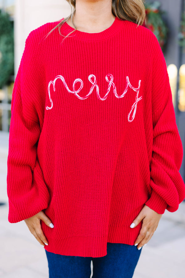Plus size red oversized knit Merry Little Moment Sweater with white cursive embroidery.