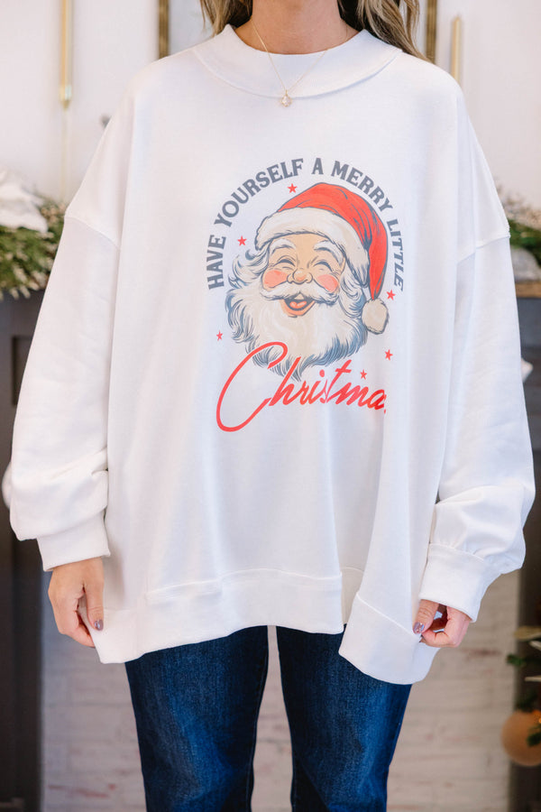 Chic Soul plus size clothing, white mock neck pullover with a vintage Santa graphic in the middle and 