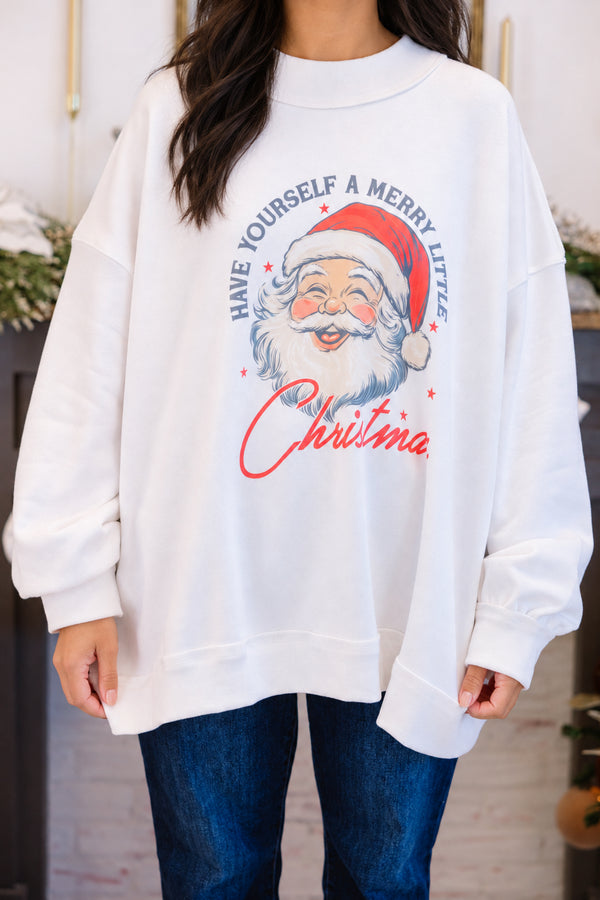 Chic Soul plus size clothing, white mock neck pullover with a vintage Santa graphic in the middle and 
