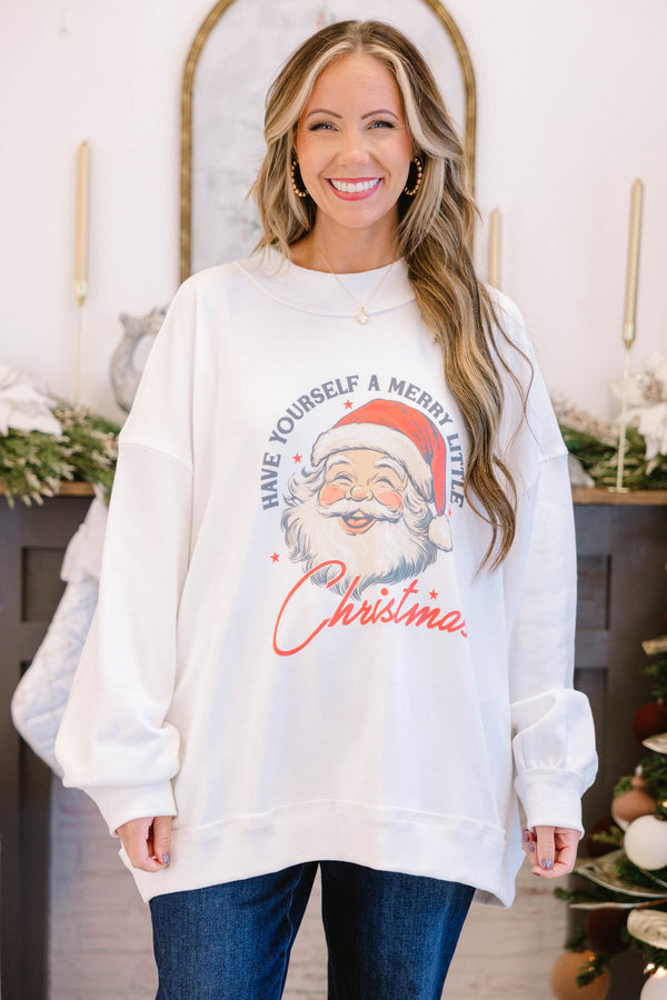 Chic Soul plus size clothing, white mock neck pullover with a vintage Santa graphic in the middle and 