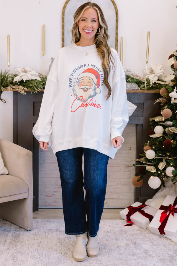 Chic Soul plus size clothing, white mock neck pullover with a vintage Santa graphic in the middle and 