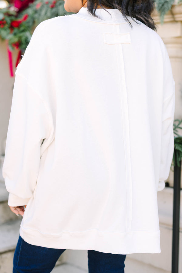 Plus size ivory Merry Moms Club mock neck pullover with a relaxed, flowy fit.