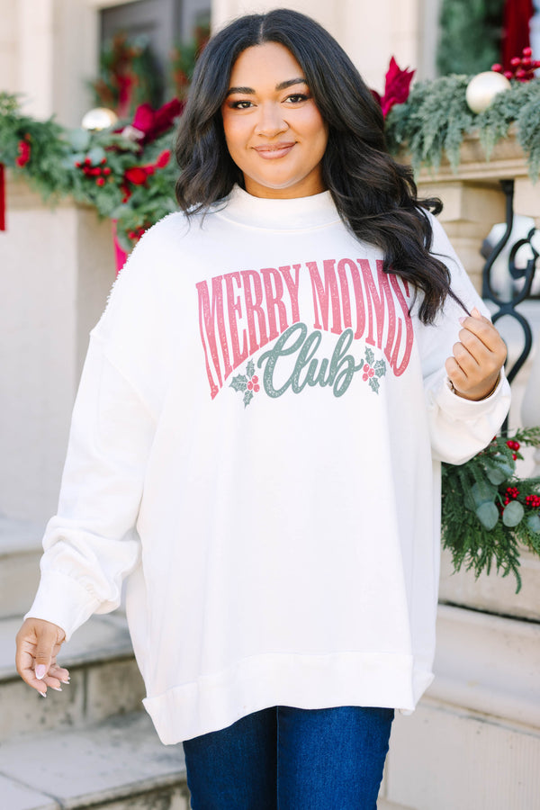 Plus size ivory Merry Moms Club mock neck pullover with a relaxed, flowy fit.