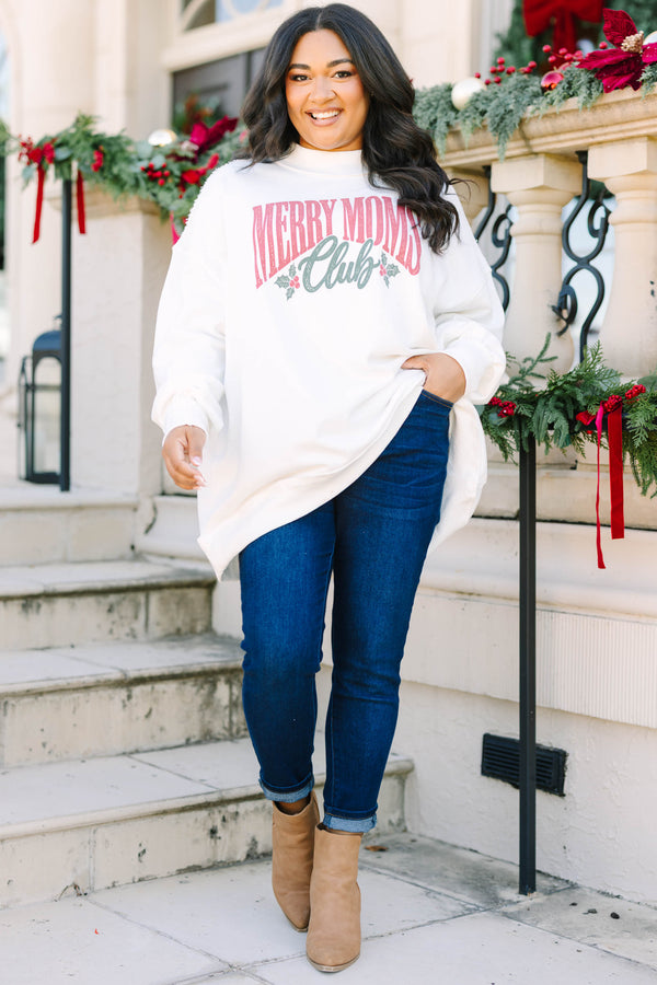 Plus size ivory Merry Moms Club mock neck pullover with a relaxed, flowy fit.
