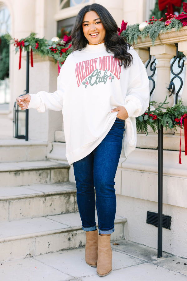 Plus size ivory Merry Moms Club mock neck pullover with a relaxed, flowy fit.