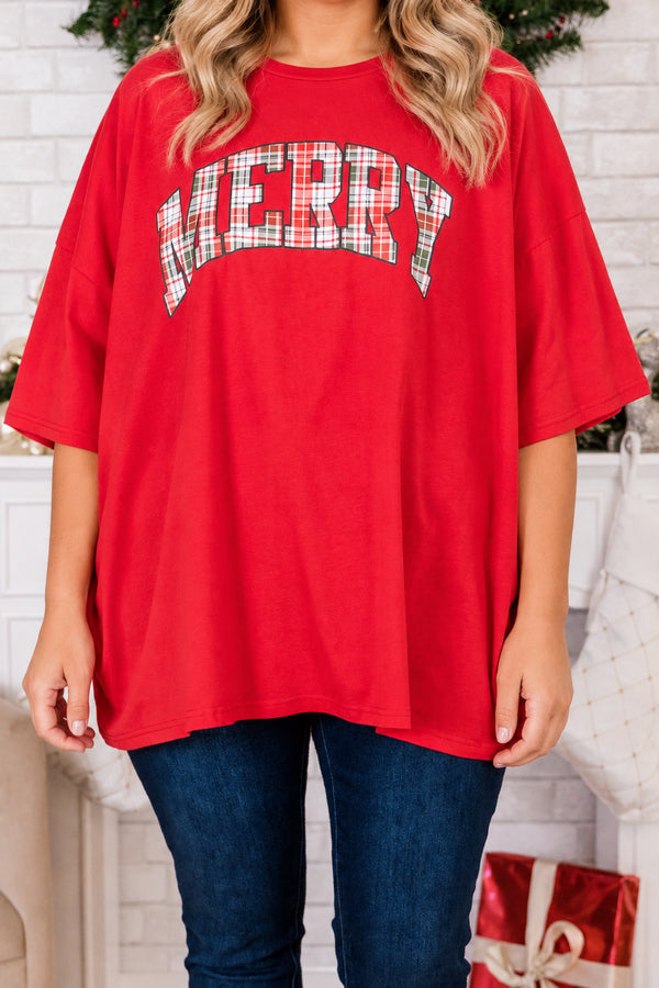 Chic Soul plus size clothing, red short sleeve boyfriend tee with round neckline with 