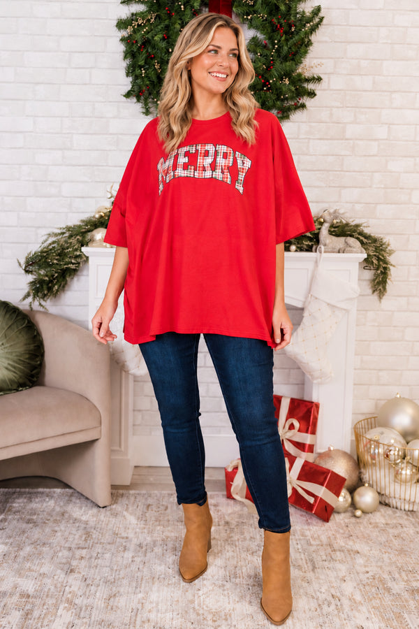Chic Soul plus size clothing, red short sleeve boyfriend tee with round neckline with 