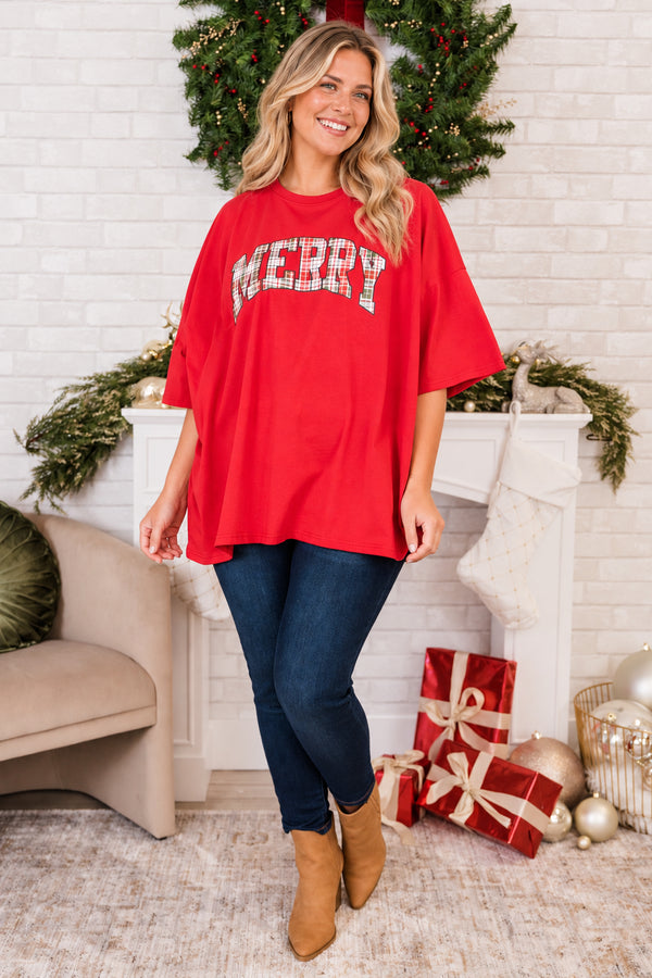 Chic Soul plus size clothing, red short sleeve boyfriend tee with round neckline with 