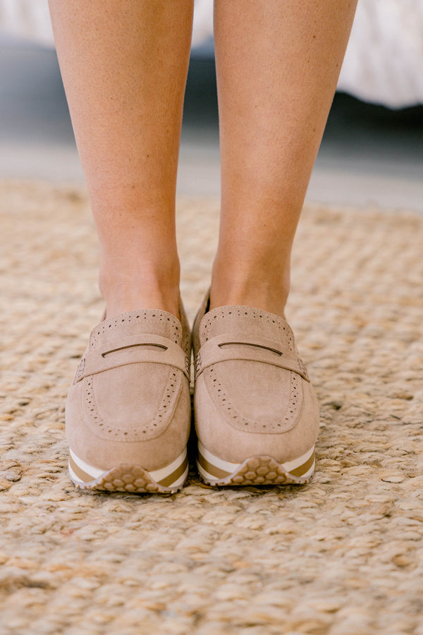 Chic Soul plus size clothing, tan suede platform loafer style sneakers 