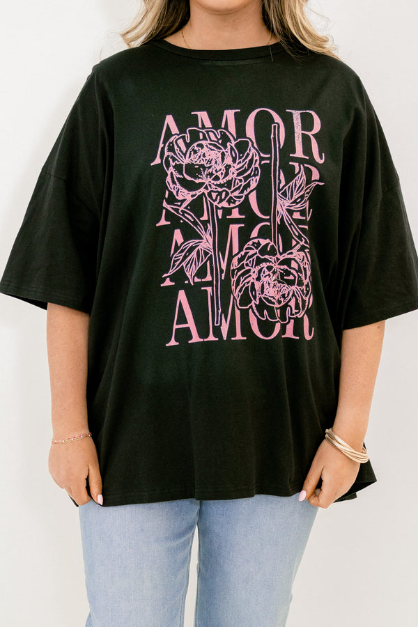 Chic Soul plus size clothing, black short sleeve boyfriend tee with pink text 