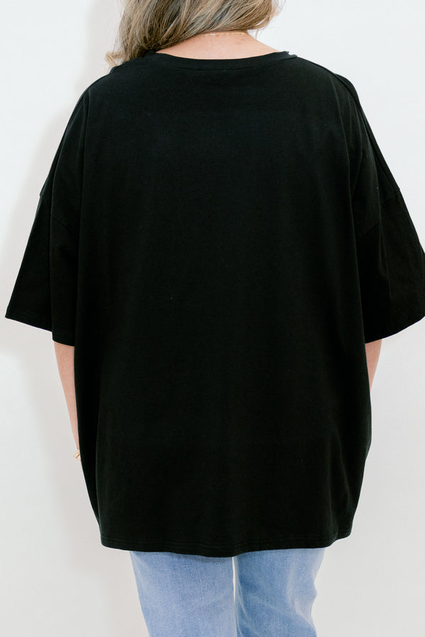 Chic Soul plus size clothing, black short sleeve boyfriend tee with pink text 