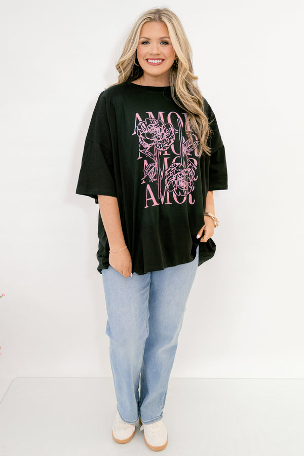 Chic Soul plus size clothing, black short sleeve boyfriend tee with pink text 
