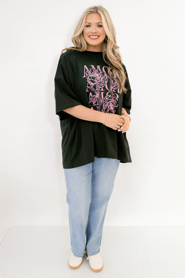 Chic Soul plus size clothing, black short sleeve boyfriend tee with pink text 