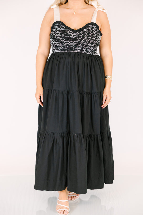 Chic Soul plus size clothing, black maxi ruffled dress with smocked bodice and white stitching with white tie straps