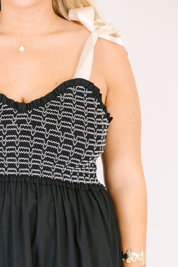 Chic Soul plus size clothing, black maxi ruffled dress with smocked bodice and white stitching with white tie straps