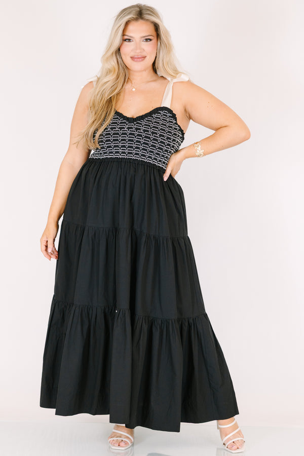 Chic Soul plus size clothing, black maxi ruffled dress with smocked bodice and white stitching with white tie straps