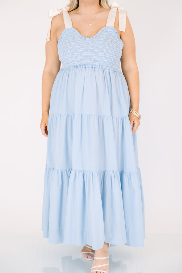 Plus Size ice blue ankle-length dress with a smocked bodice, ruffle trim, and wide ribbon straps.