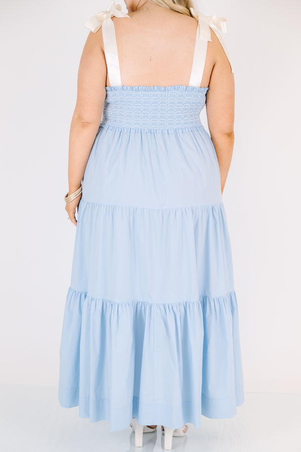 Plus Size ice blue ankle-length dress with a smocked bodice, ruffle trim, and wide ribbon straps.