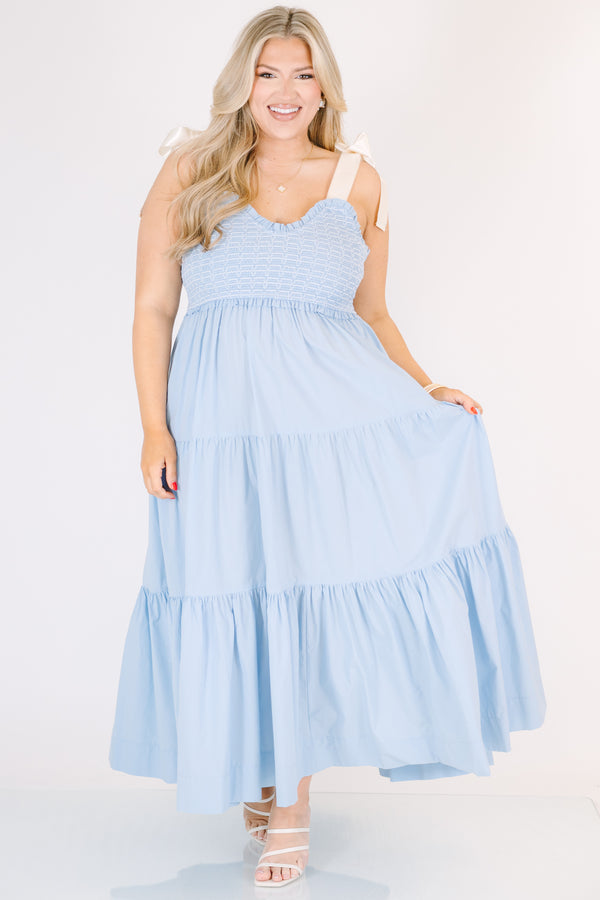Plus Size ice blue ankle-length dress with a smocked bodice, ruffle trim, and wide ribbon straps.
