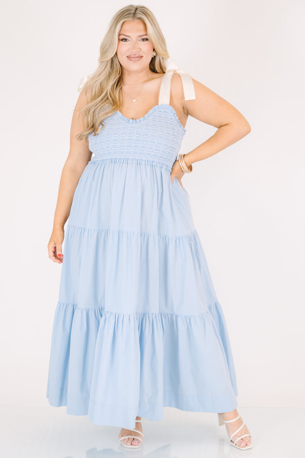 Plus Size ice blue ankle-length dress with a smocked bodice, ruffle trim, and wide ribbon straps.