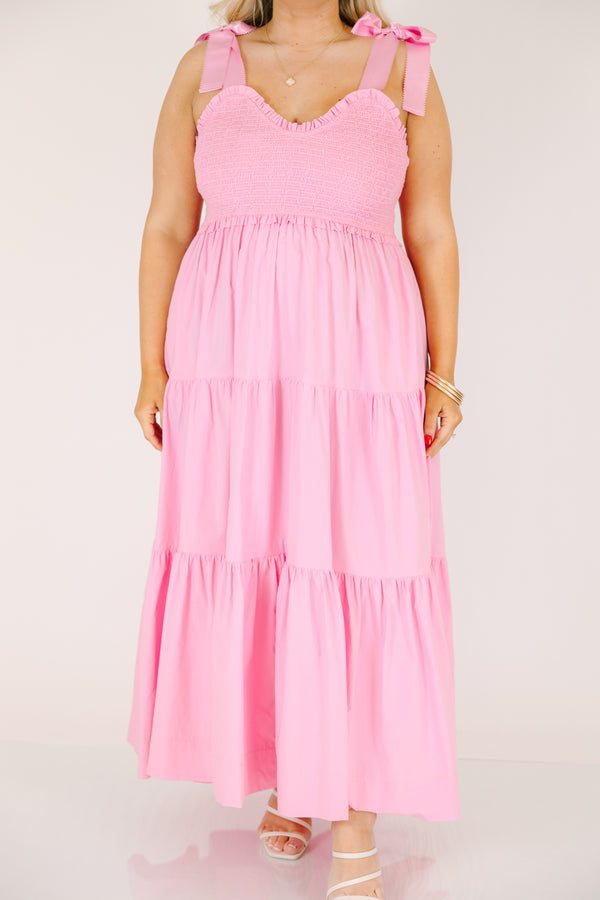 Chic Soul plus size clothing, pink sleeveless maxi dress with tiered detail with smocked top with scoop neckline with tie strap detail 