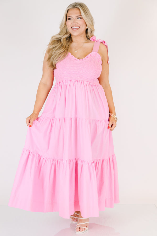 Chic Soul plus size clothing, pink sleeveless maxi dress with tiered detail with smocked top with scoop neckline with tie strap detail 
